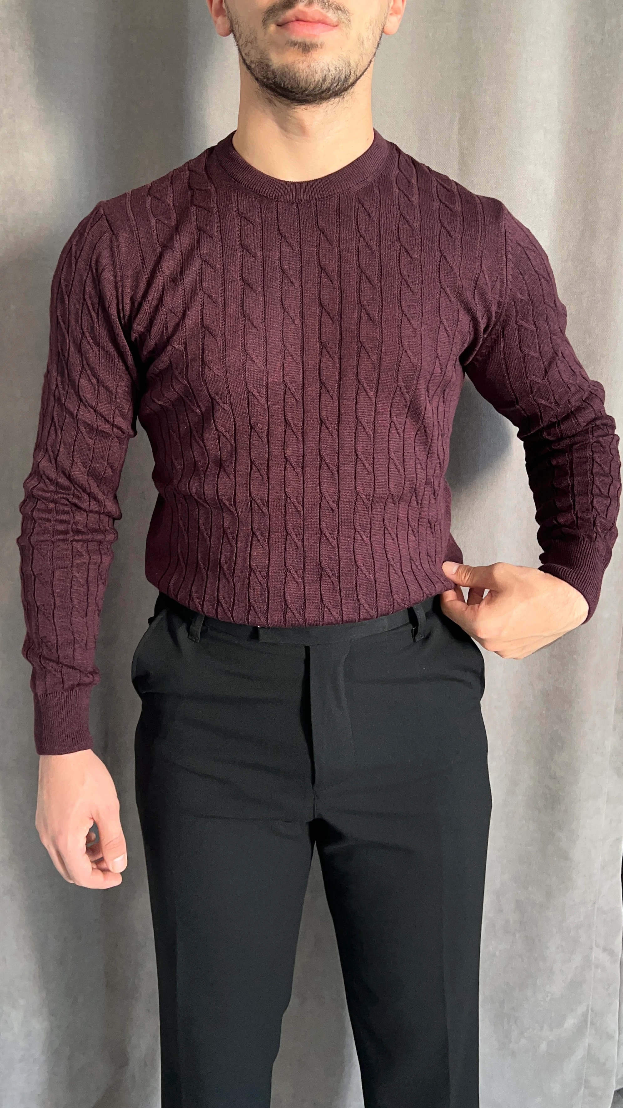 Örgü Desenli Bisiklet Yaka Triko - Bordo