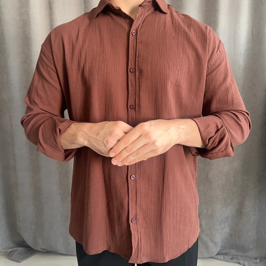 Oversize Kalıp Krinkıl Keten Gömlek - Kahverengi