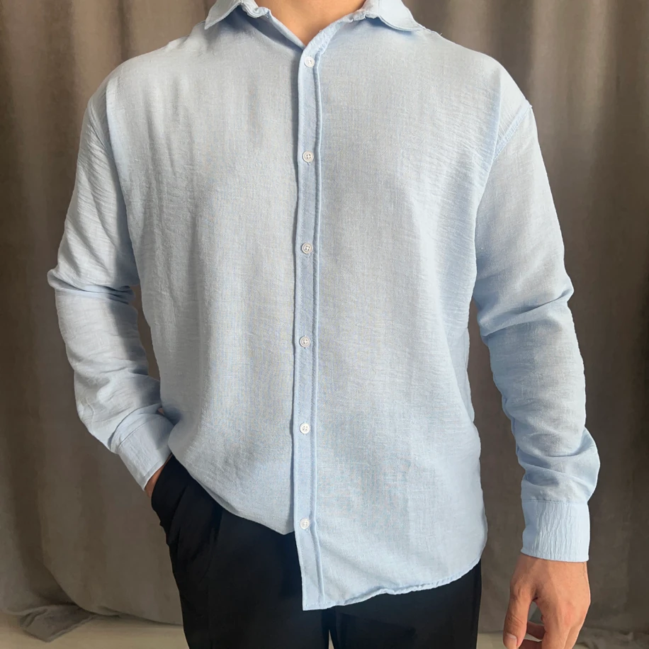 Oversize Kalıp Yıkamalı Keten Gömlek - Bebe mavisi