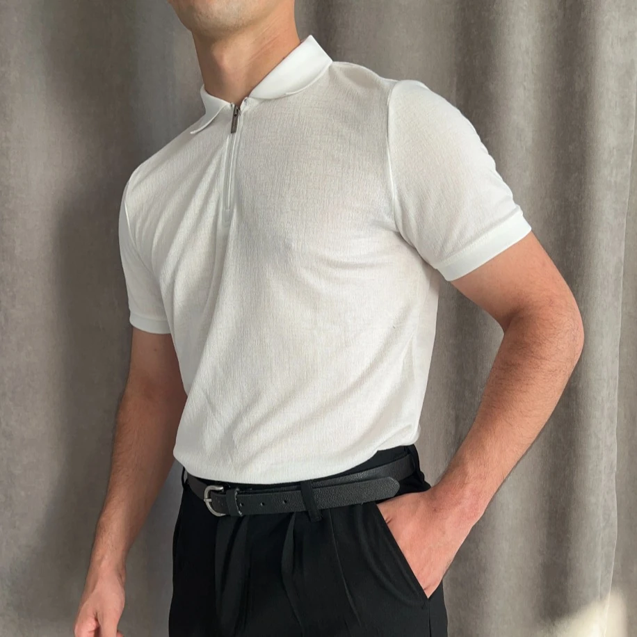 Fermuarlı Triko Polo Yaka Tişört - Beyaz