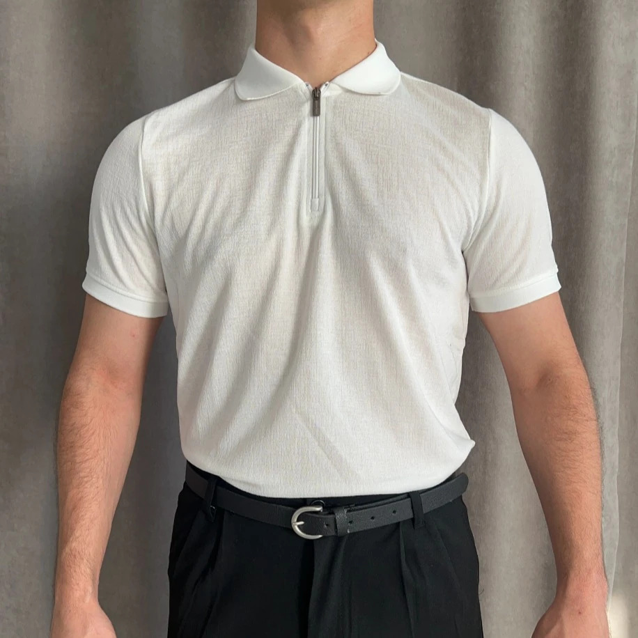 Fermuarlı Triko Polo Yaka Tişört - Beyaz