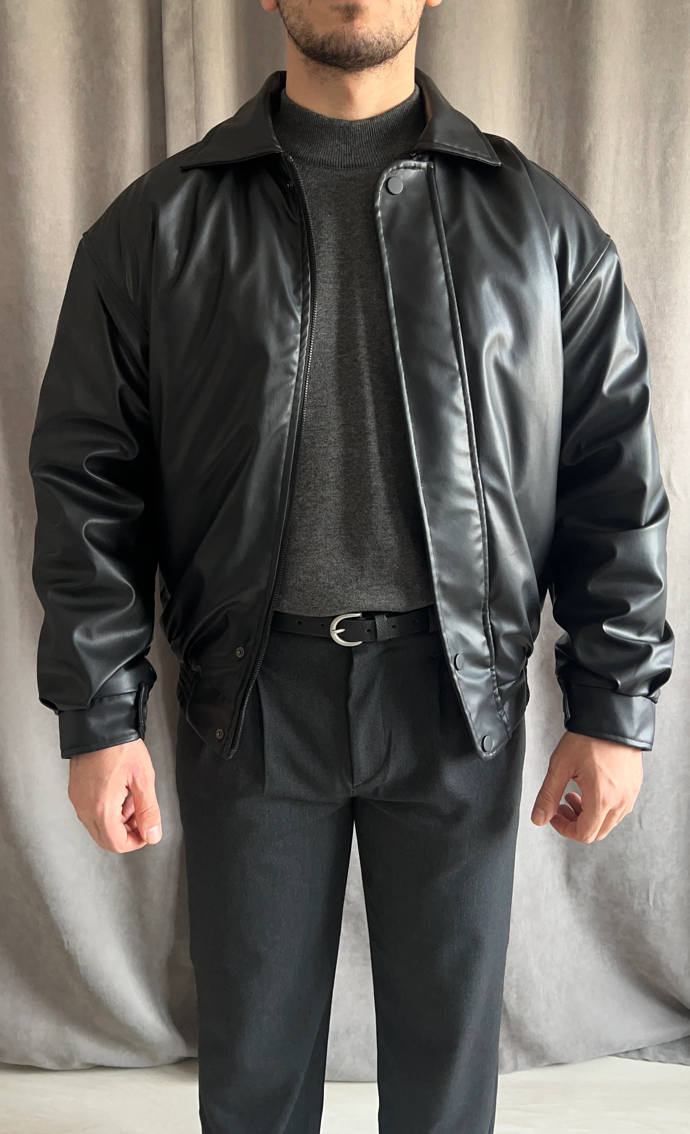 Erkek Oversize Deri Bomber Mont - Siyah