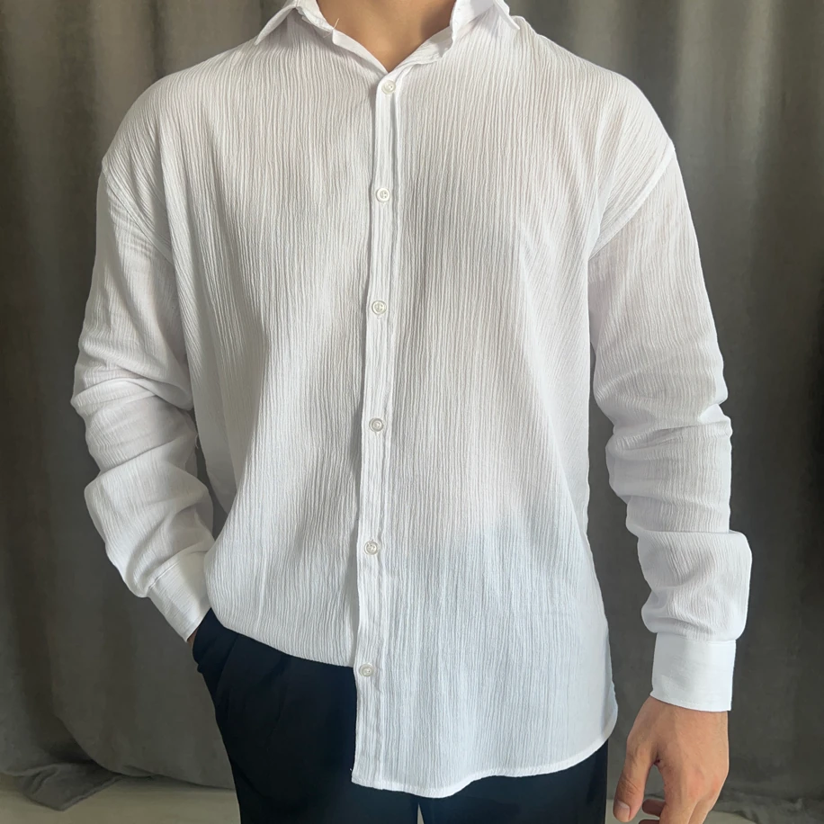 Oversize Kalıp Krinkıl Keten Gömlek- Beyaz