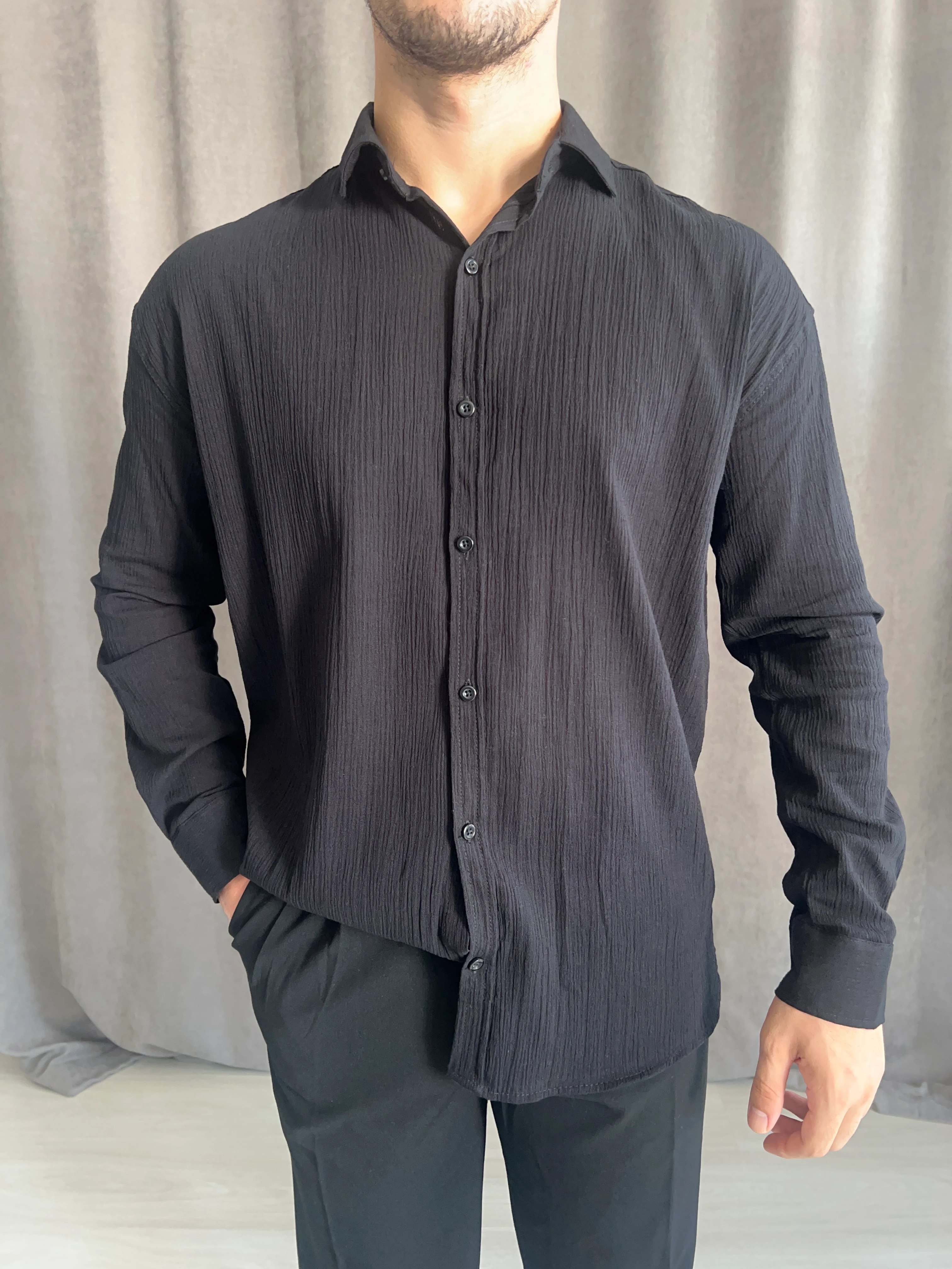 Oversize Krinkıl Keten Gömlek - Bej