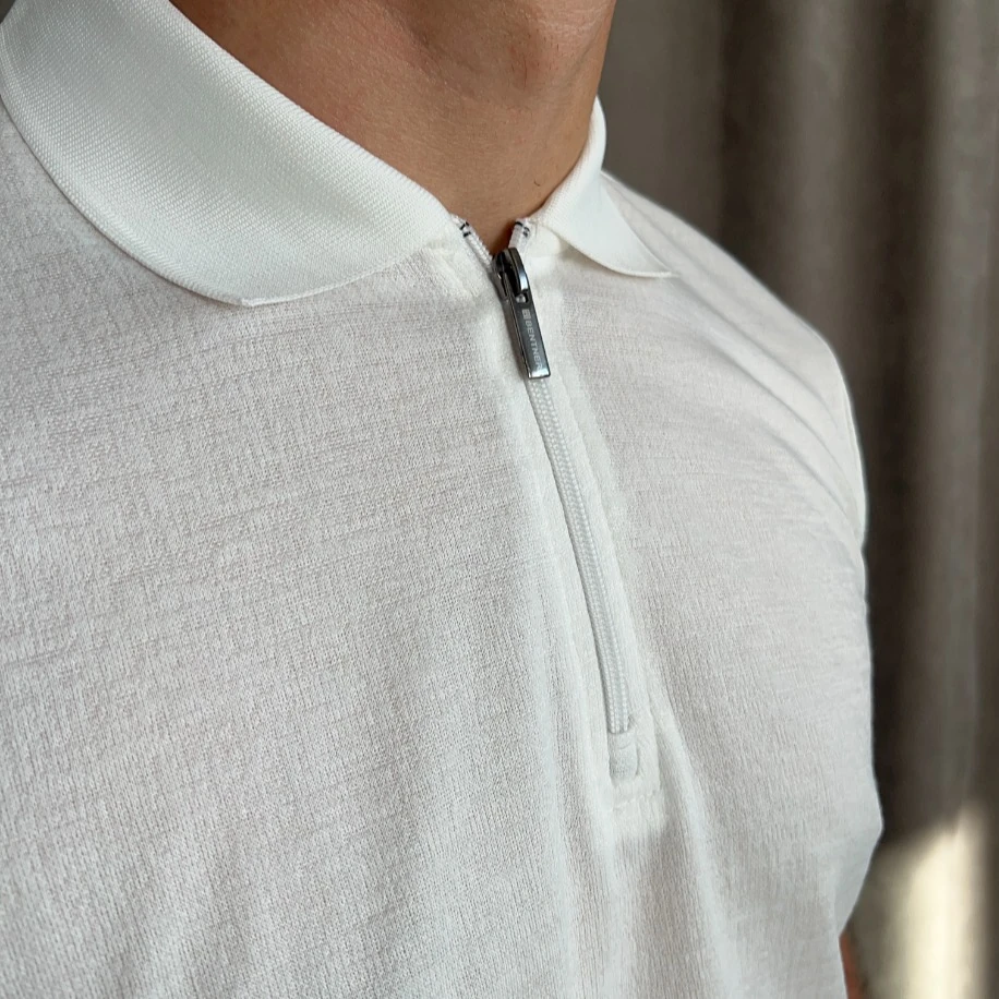 Fermuarlı Triko Polo Yaka Tişört - Beyaz