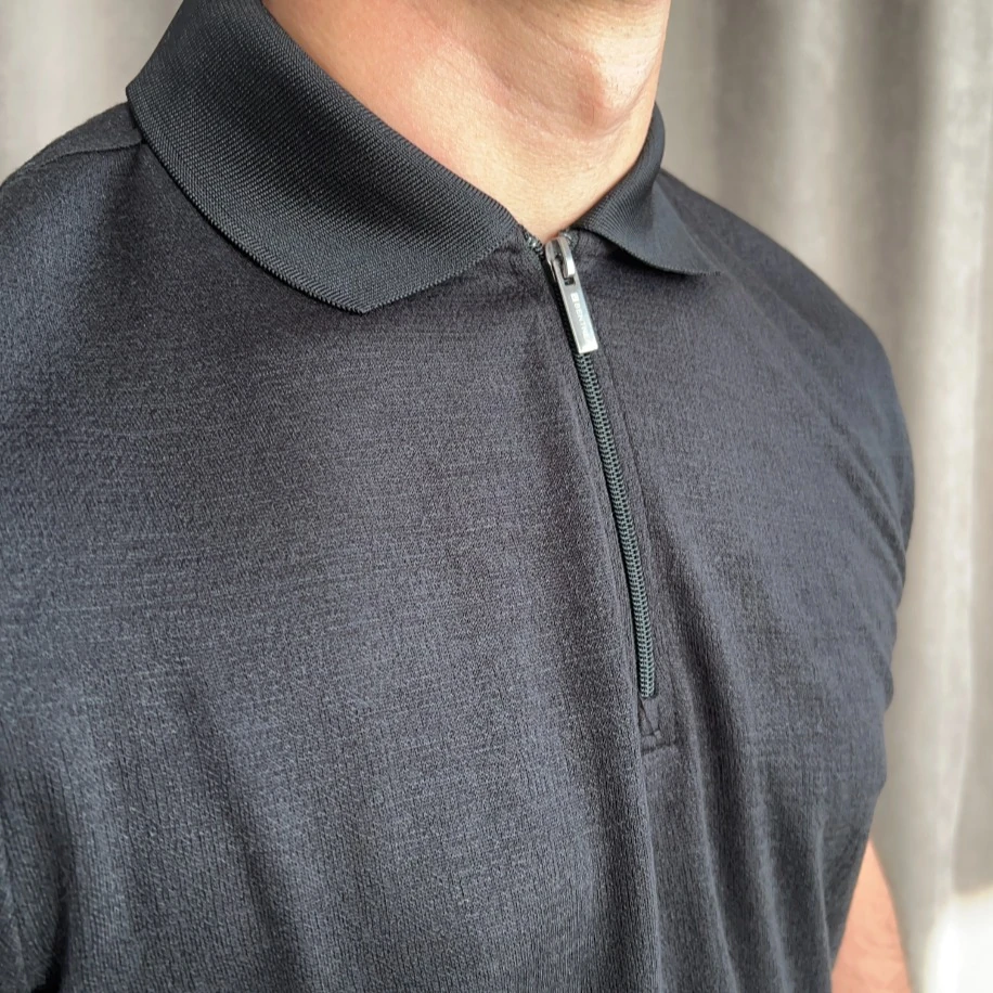 Fermuarlı Triko Polo Yaka Tişört - Siyah