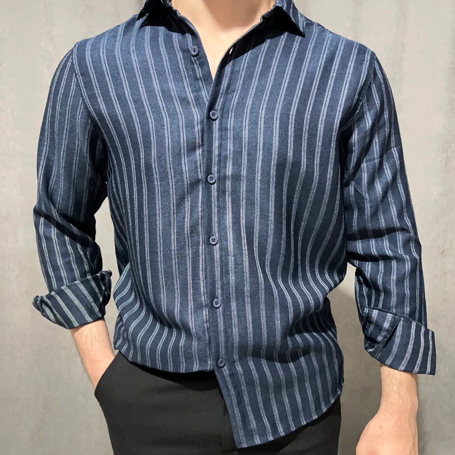 Lacivert Çizgili Klasik Fit Gömlek
