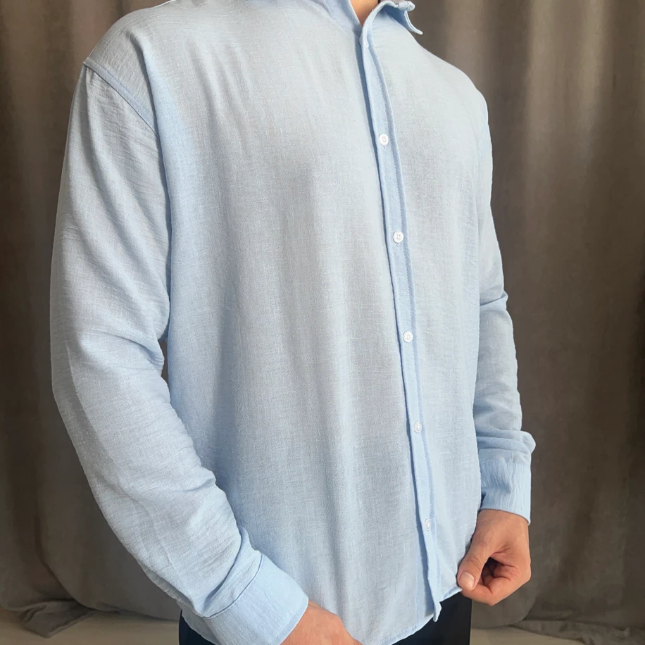 Oversize Kalıp Yıkamalı Keten Gömlek - Bebe mavisi