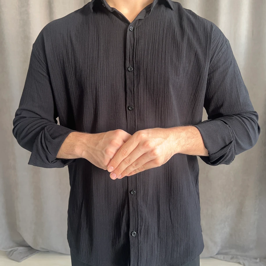 Oversize Kalıp Krinkıl Keten Gömlek-Siyah