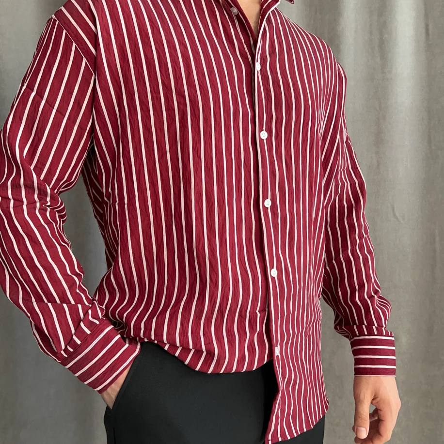 Modal Çizgili Gömlek- Bordo