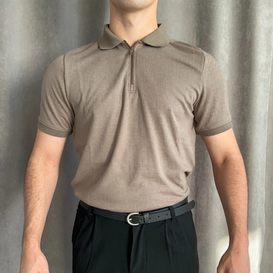 Fermuarlı Triko Polo Yaka Tişört - Kül