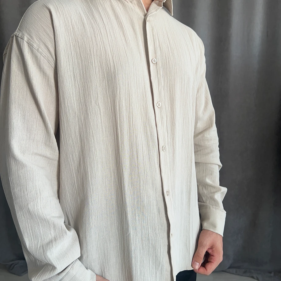 Oversize Kalıp Krinkıl Keten Gömlek - Bej