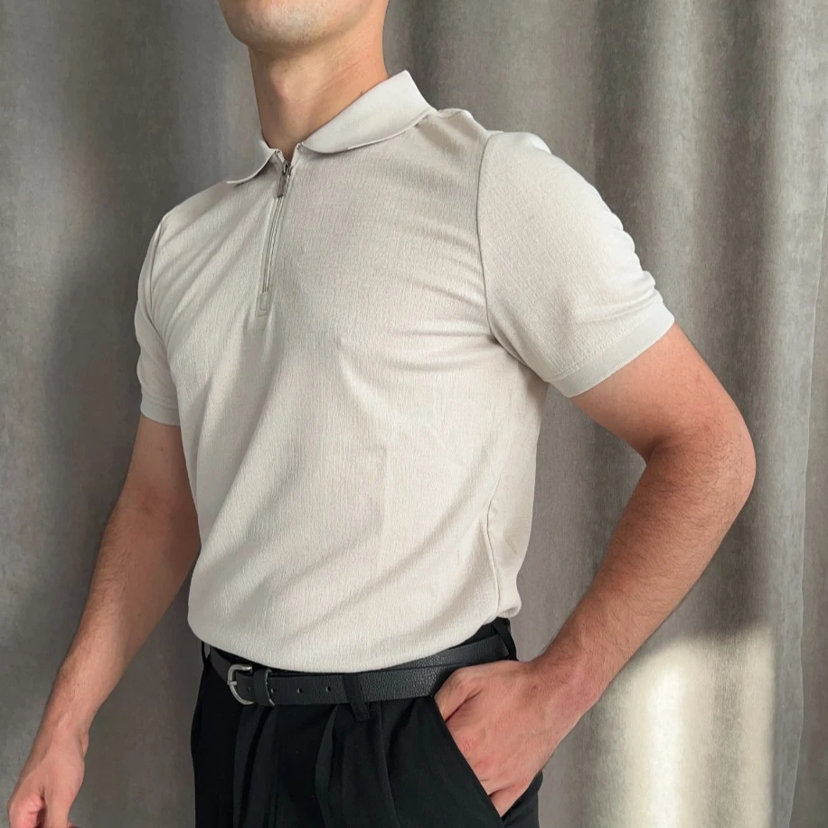 Fermuarlı Triko Polo Yaka Tişört - Bej