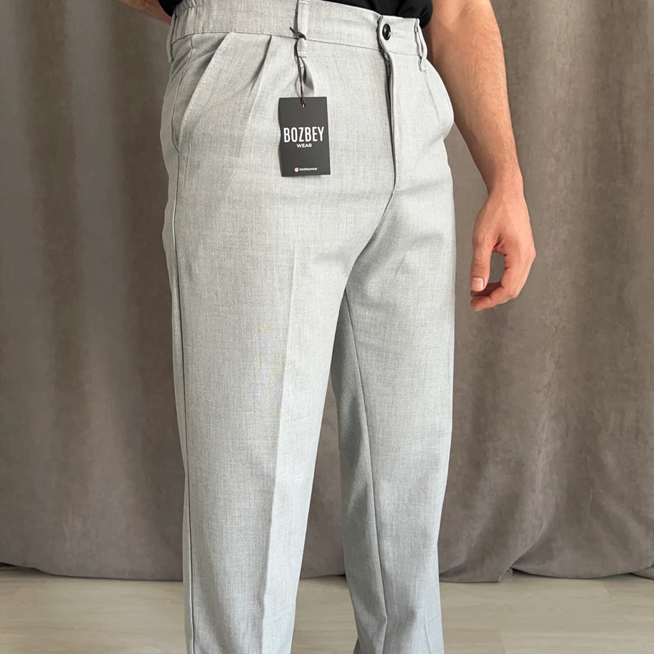 Pile Detaylı Beli Lastikli Baggy Kalıp Kumaş Pantolon - Gri