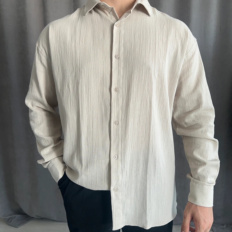 Oversize Kalıp Krinkıl Keten Gömlek - Bej