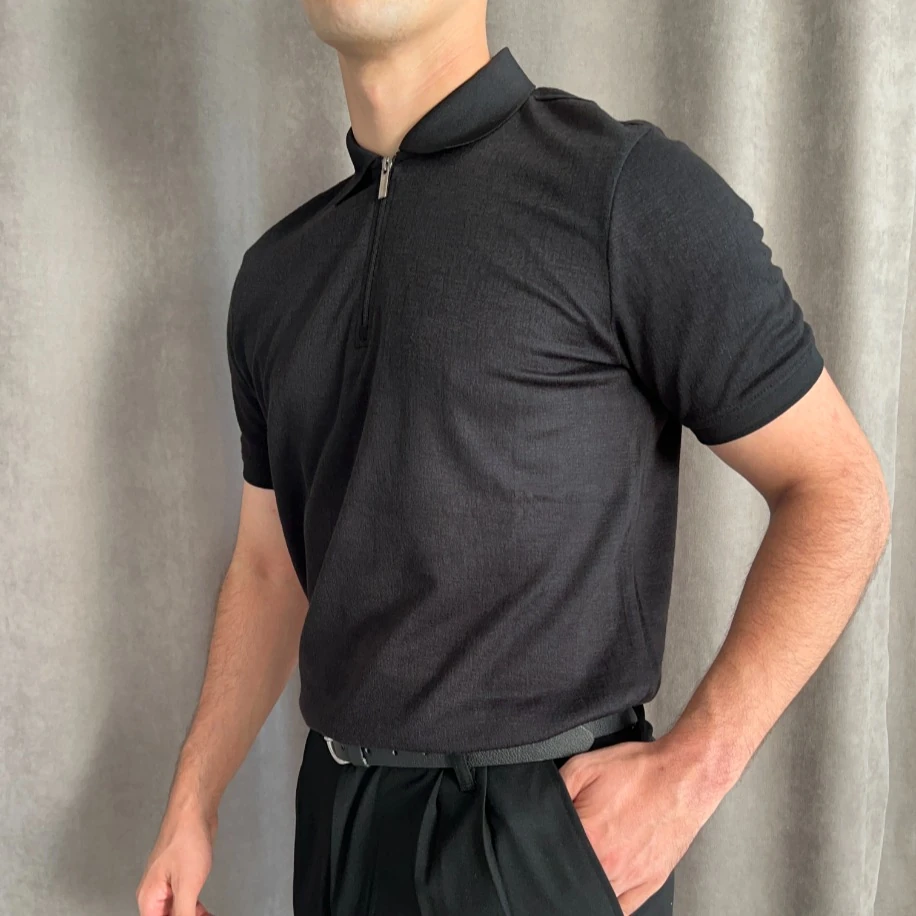 Fermuarlı Triko Polo Yaka Tişört - Siyah