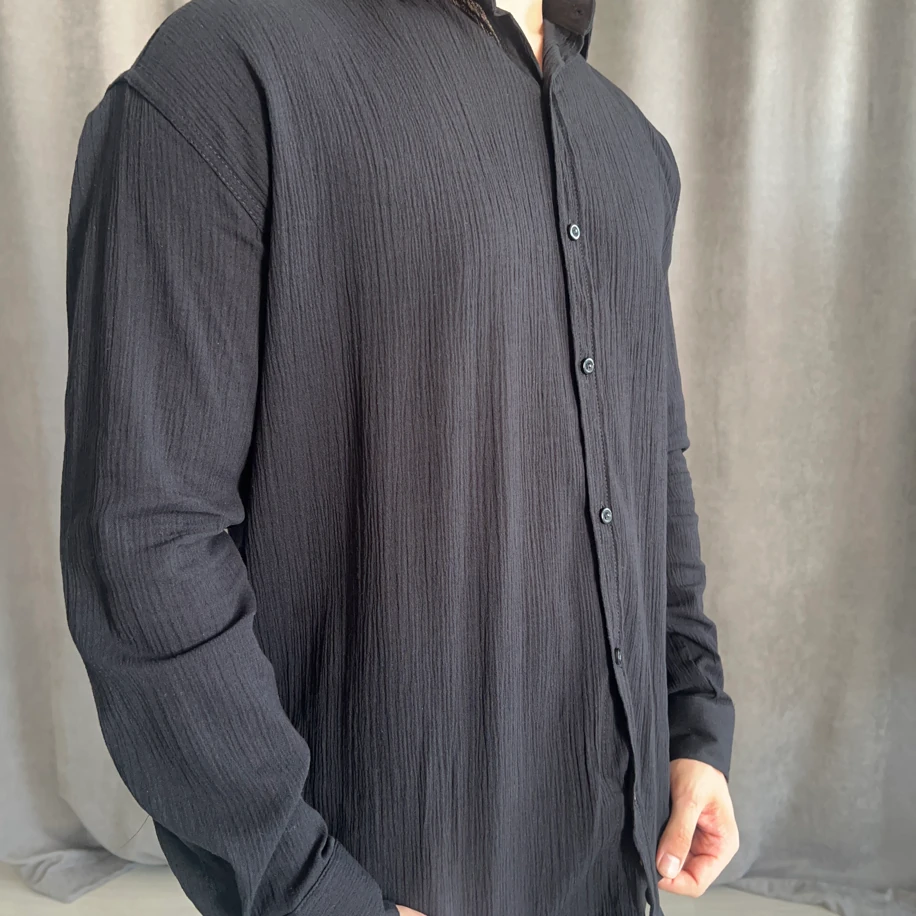 Oversize Kalıp Krinkıl Keten Gömlek-Siyah