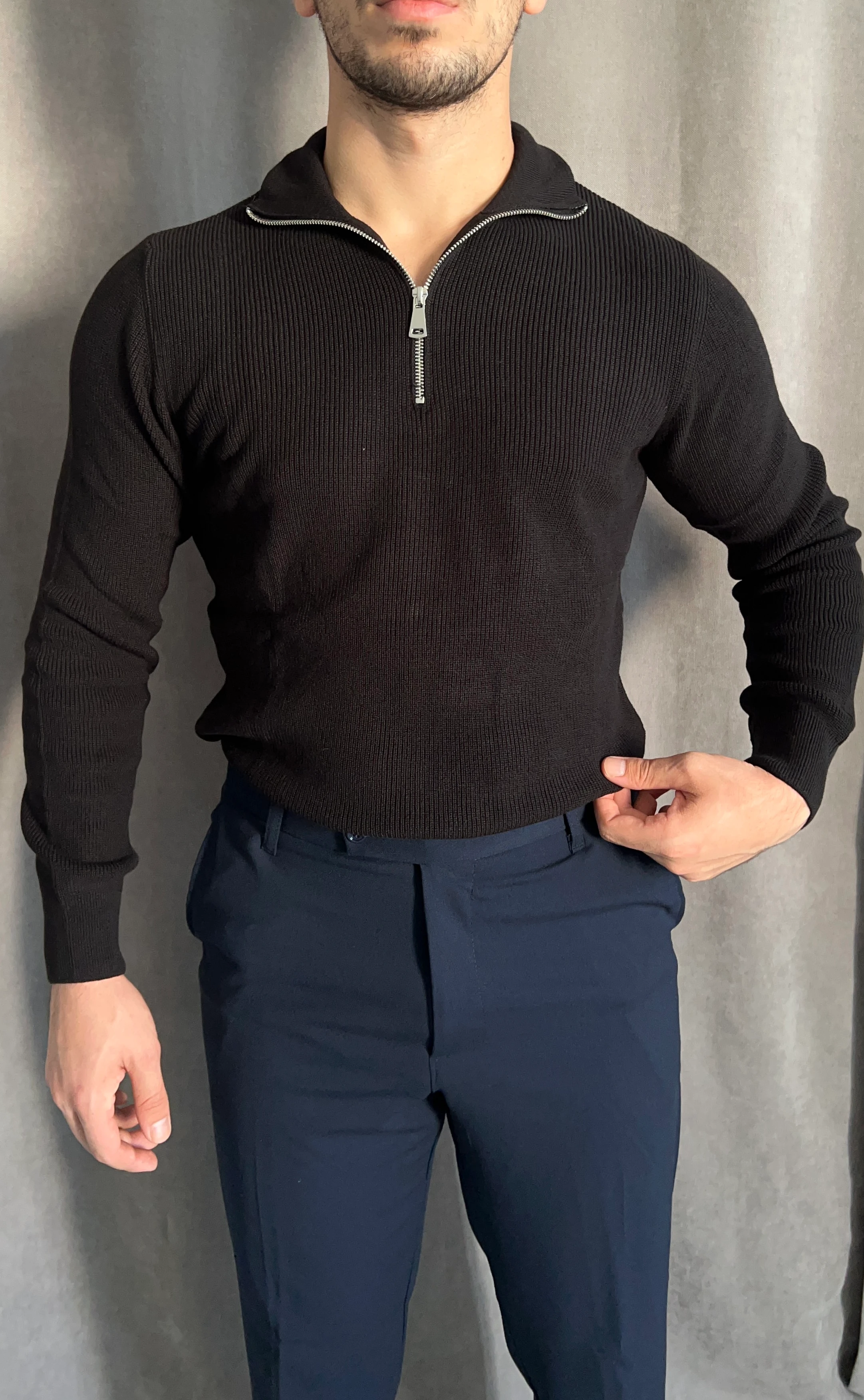 Yarım Fermuarlı Selanik Örgü Triko - Bej