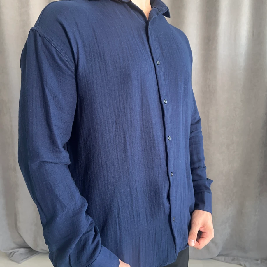 Oversize Kalıp Yıkamalı Keten Gömlek - Lacivert