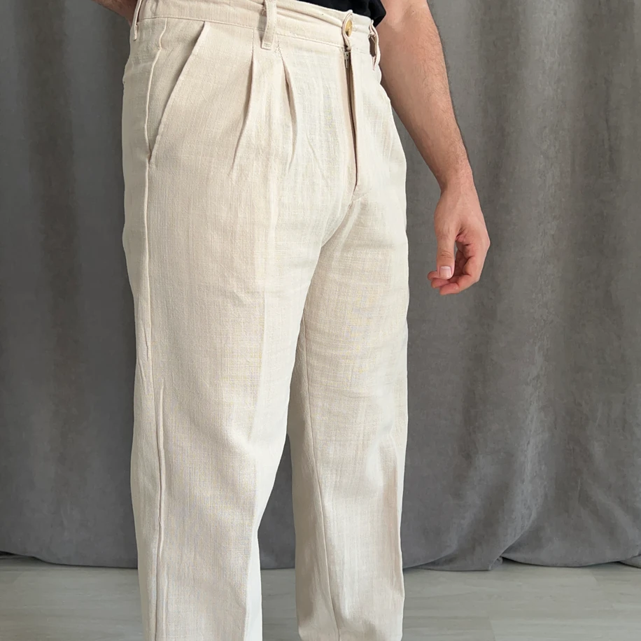 Baggy Kalıp Keten Pantolon - Bej