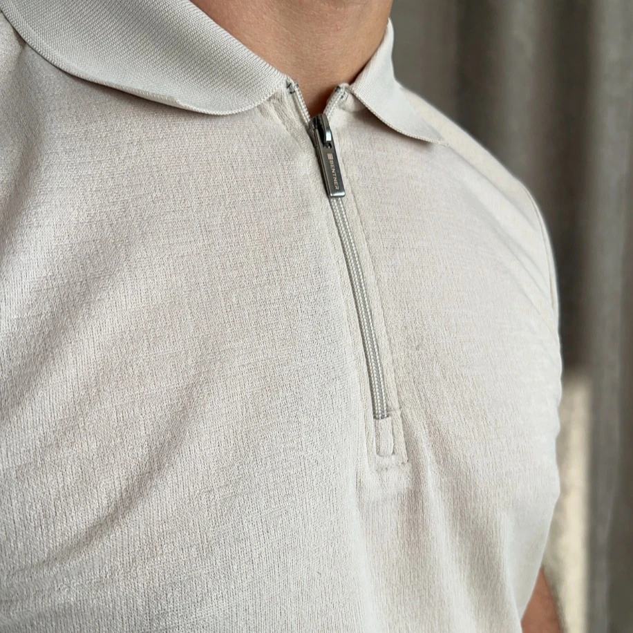 Fermuarlı Triko Polo Yaka Tişört - Bej