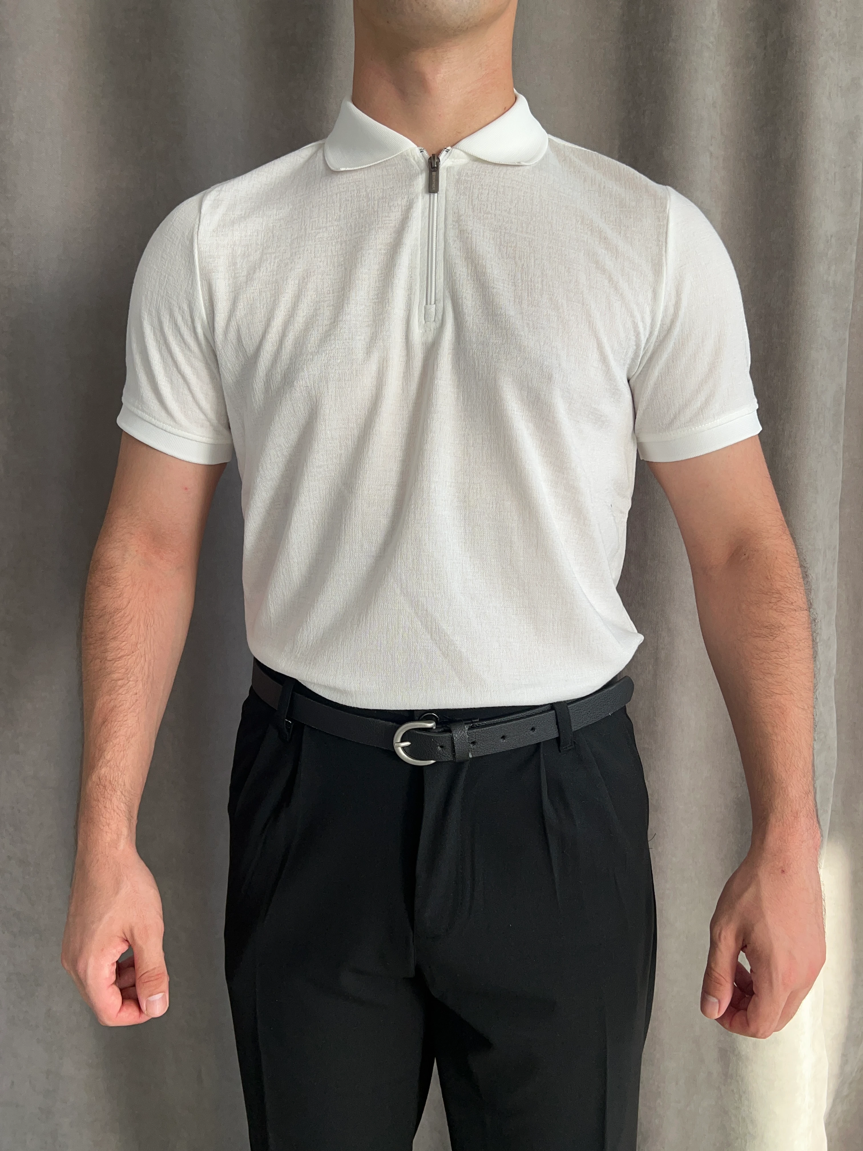 Fermuarlı Polo Yaka Triko - Beyaz