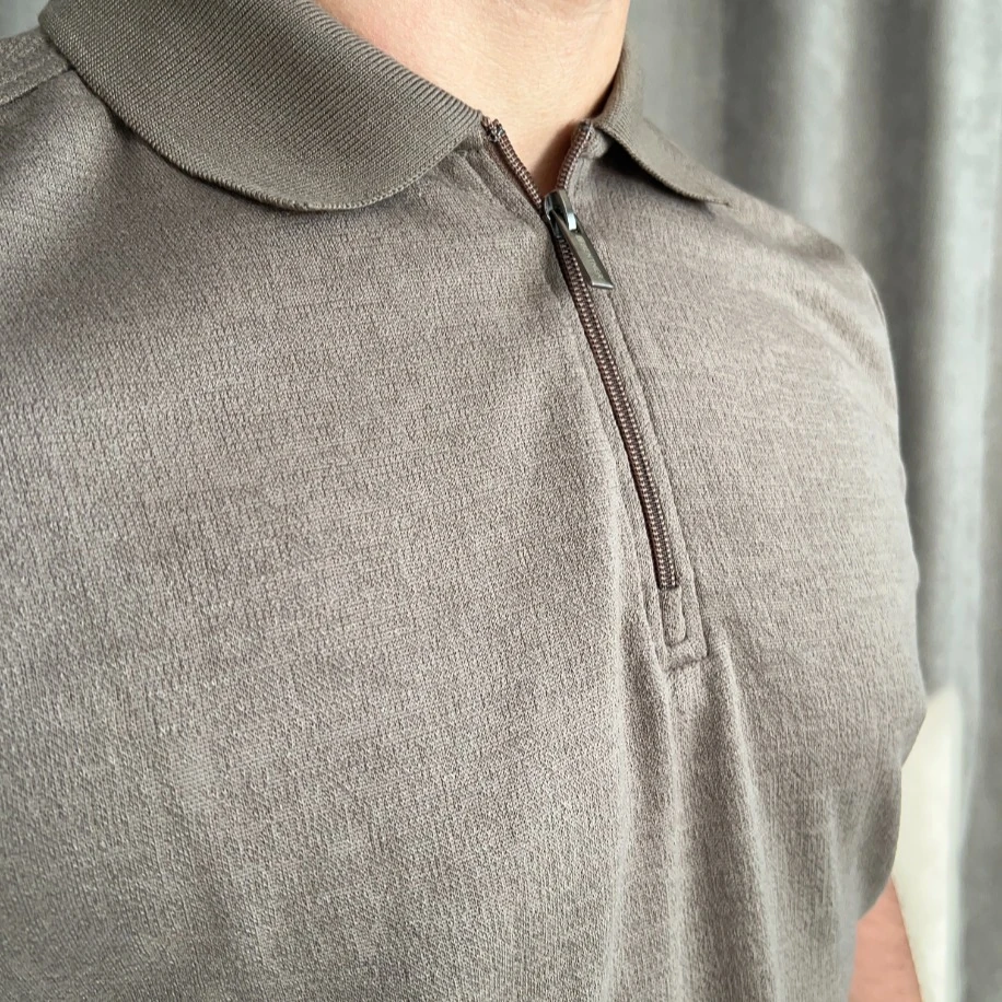 Fermuarlı Triko Polo Yaka Tişört - Kül