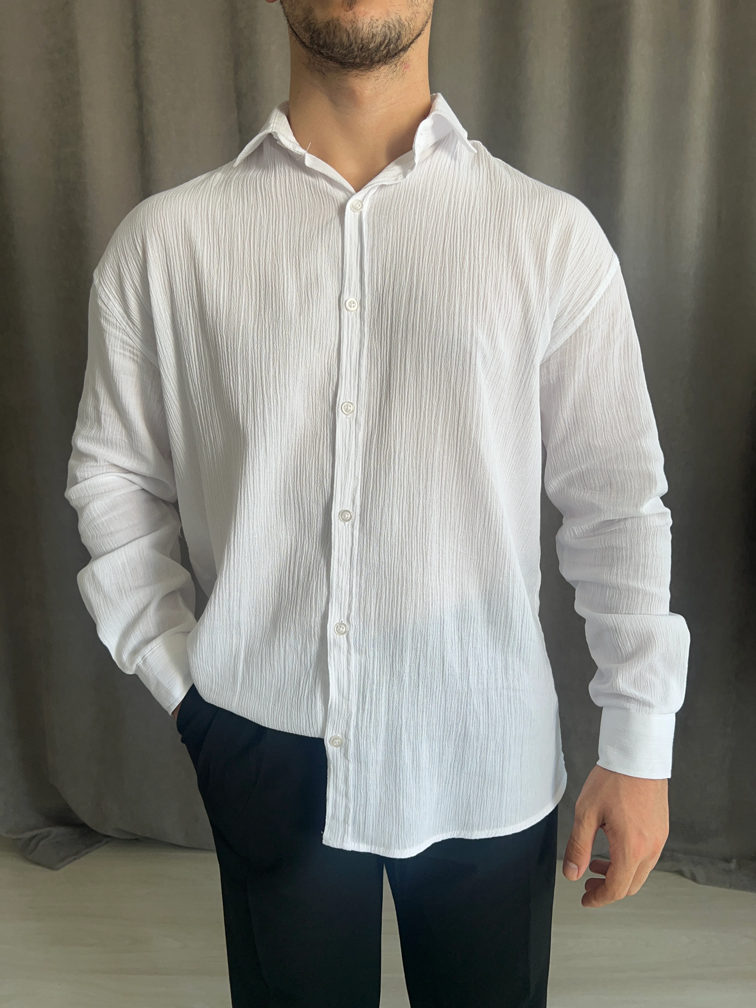 Oversize Krinkıl Keten Gömlek - Beyaz