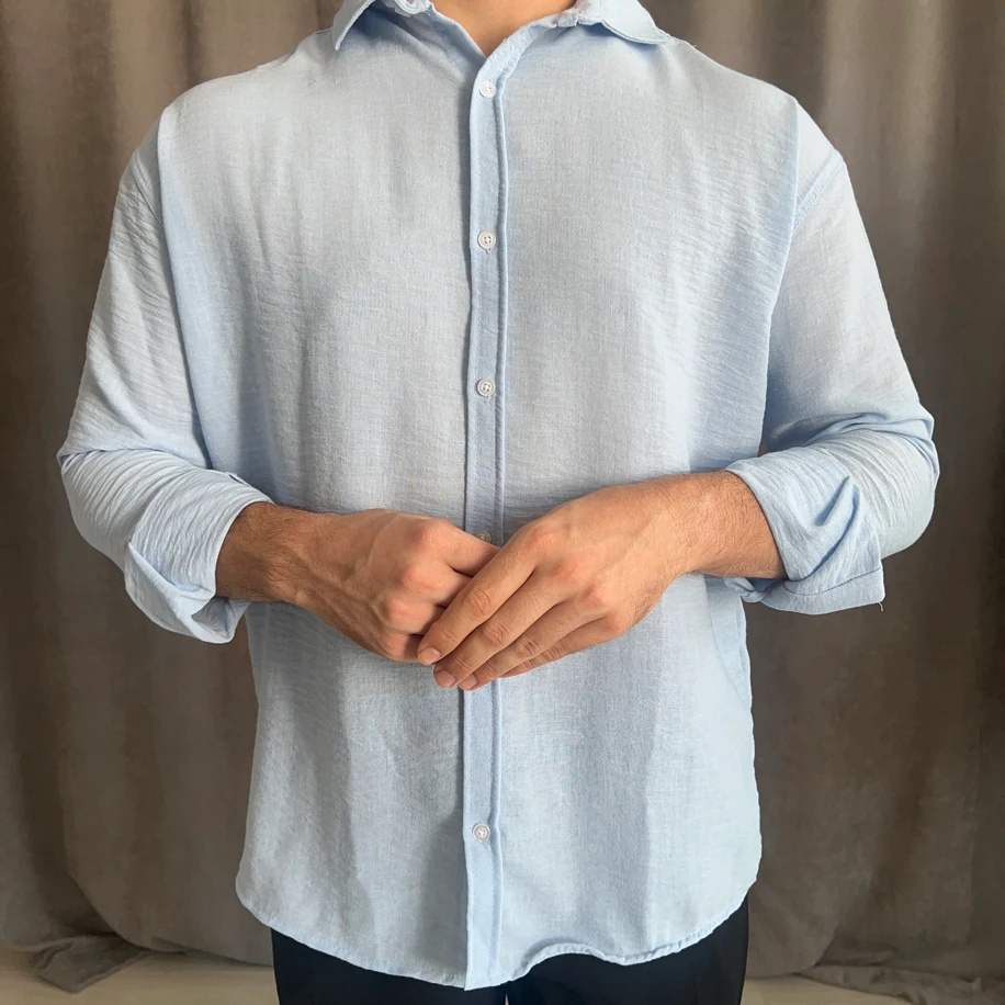 Oversize Kalıp Yıkamalı Keten Gömlek - Bebe mavisi