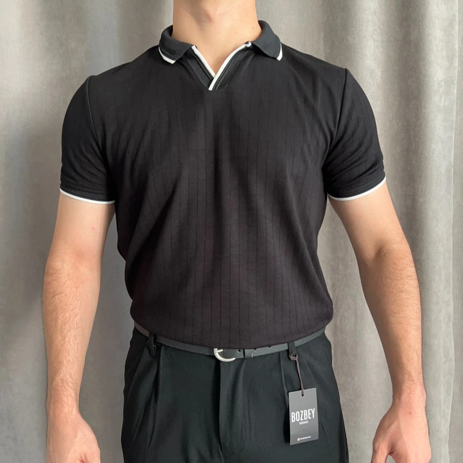 Oysho Kumaş Apaş Yaka Polo Tişört - Siyah