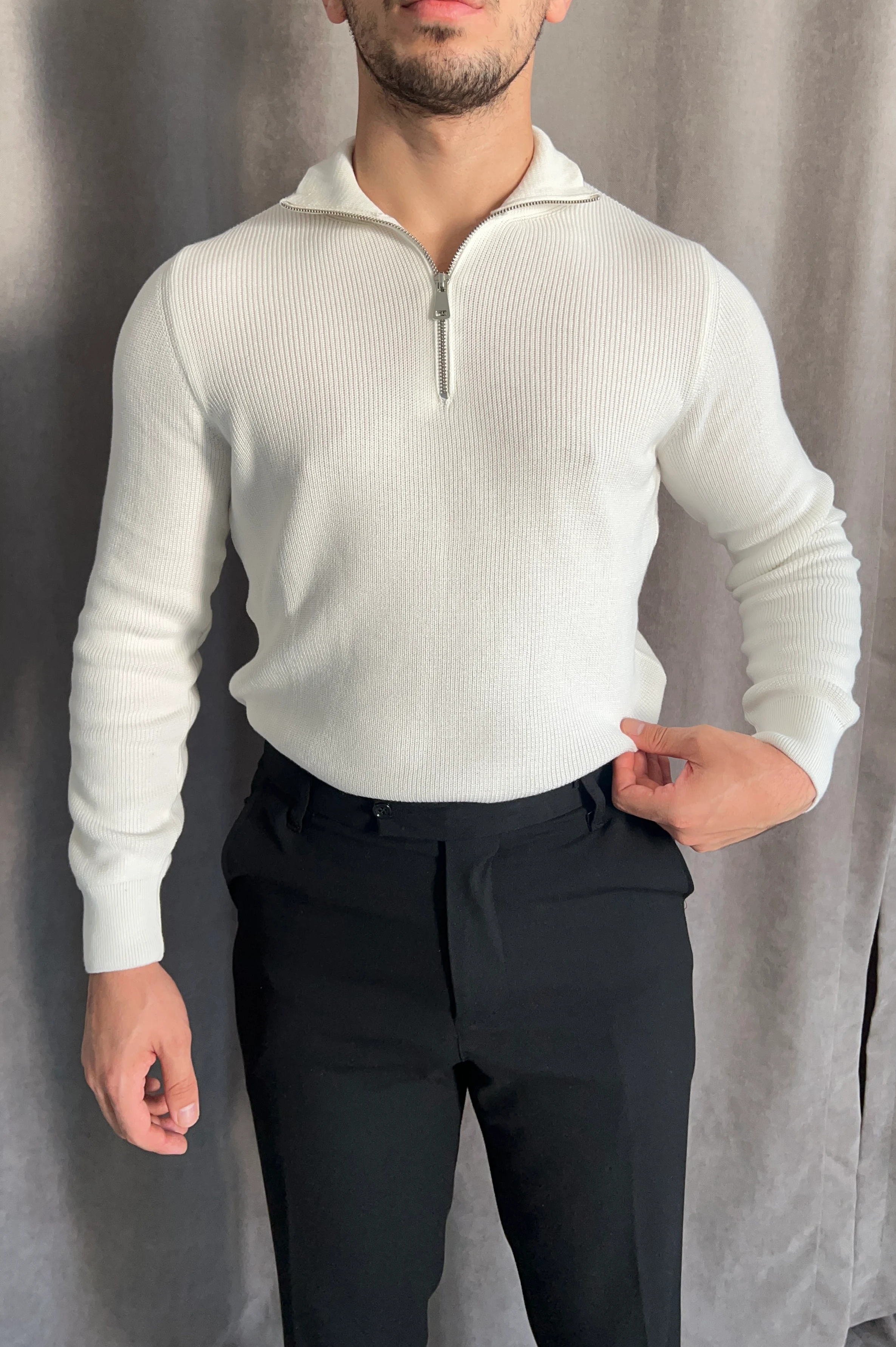 Yarım Fermuarlı Selanik Örgü Triko - Beyaz