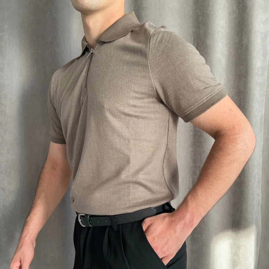 Fermuarlı Triko Polo Yaka Tişört - Kül