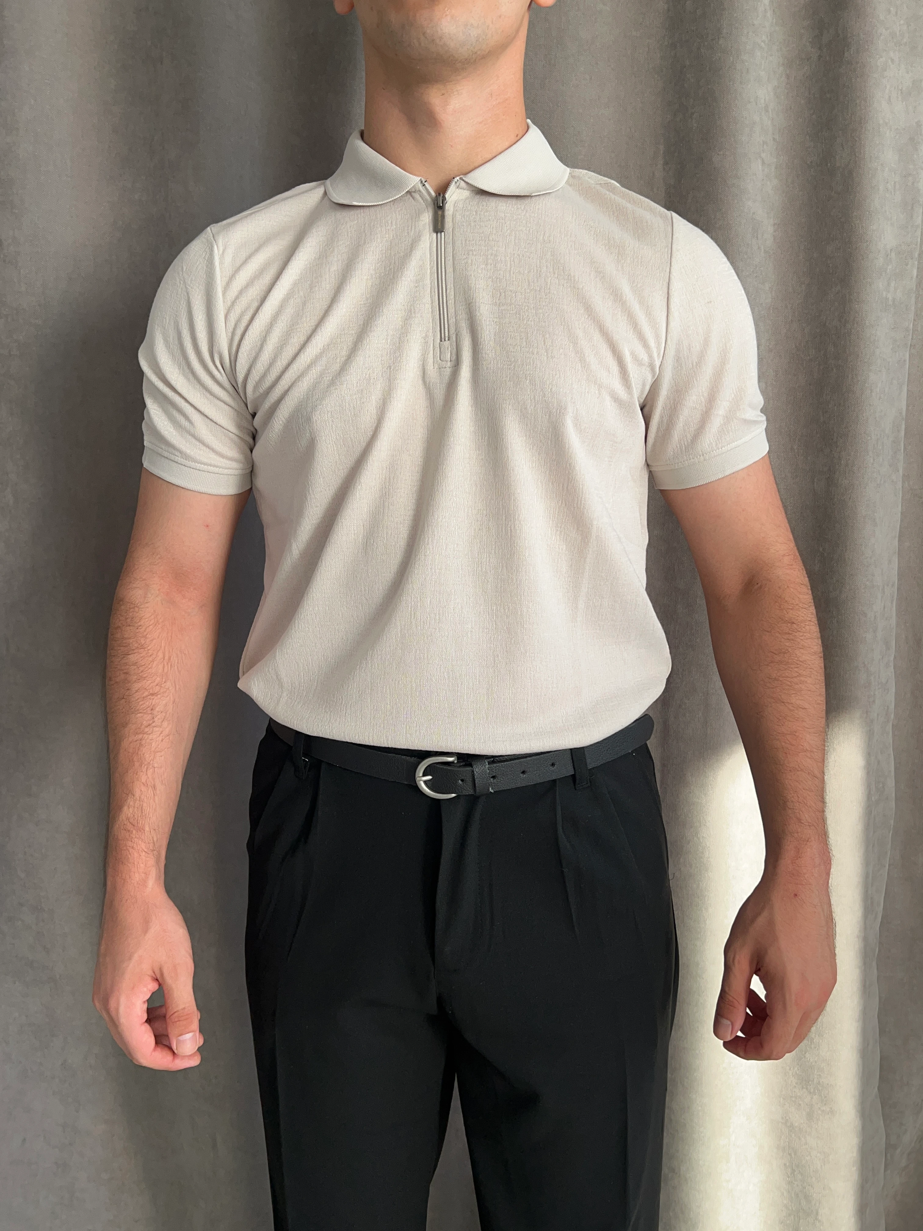 Fermuarlı Polo Yaka Triko - Siyah