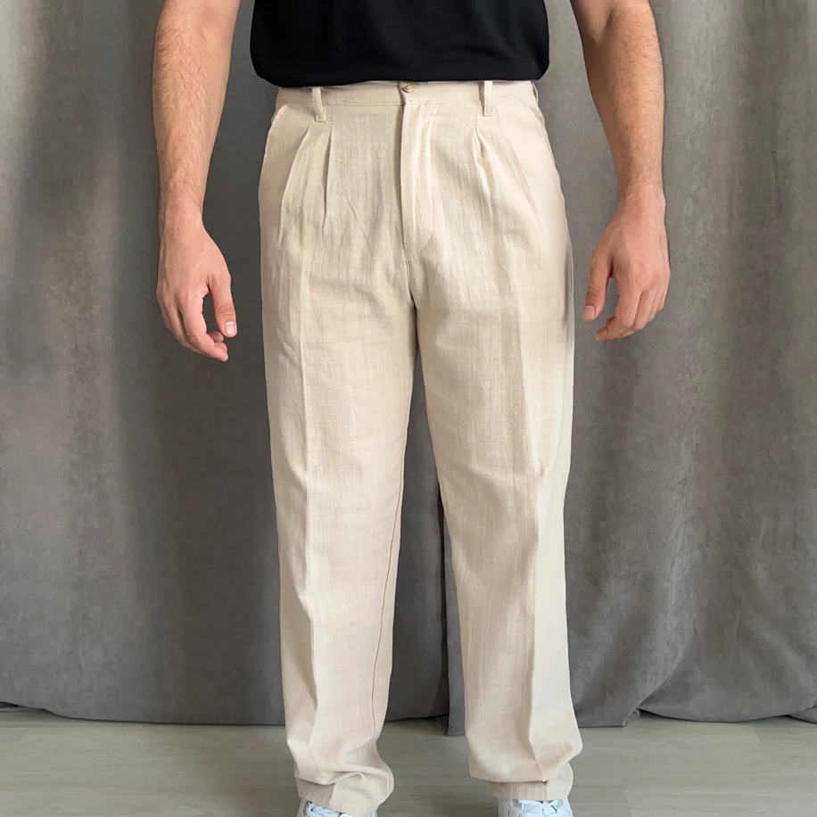 Baggy Kalıp Keten Pantolon - Bej