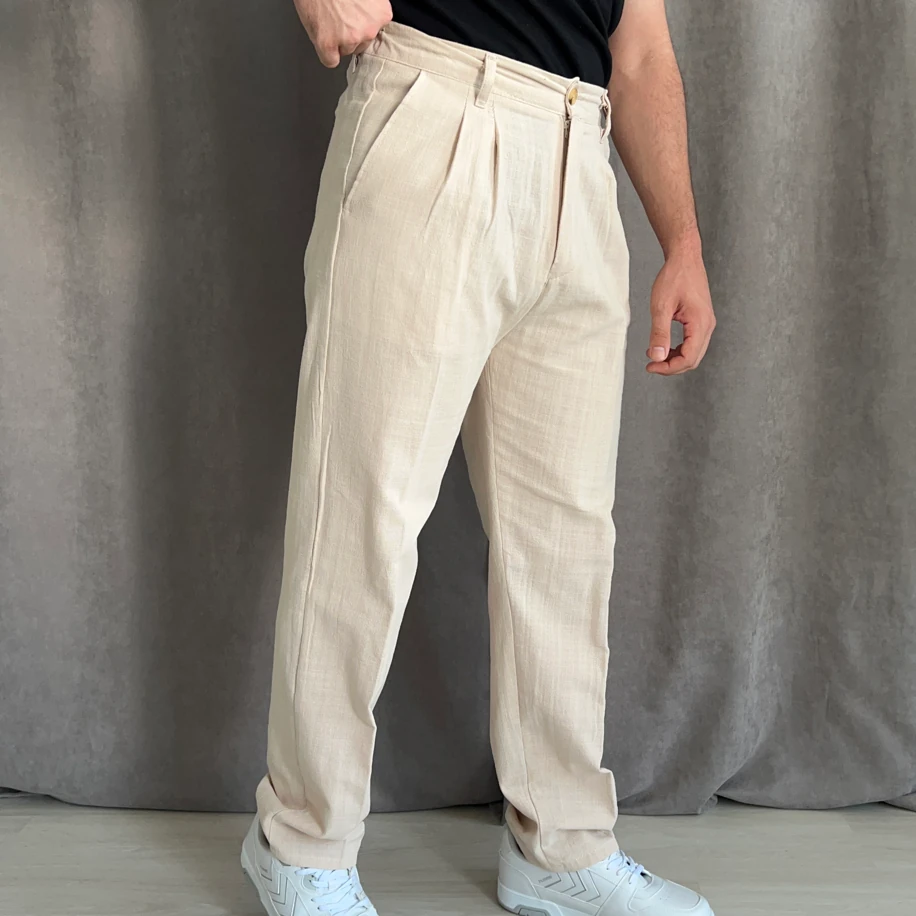 Baggy Kalıp Keten Pantolon - Bej