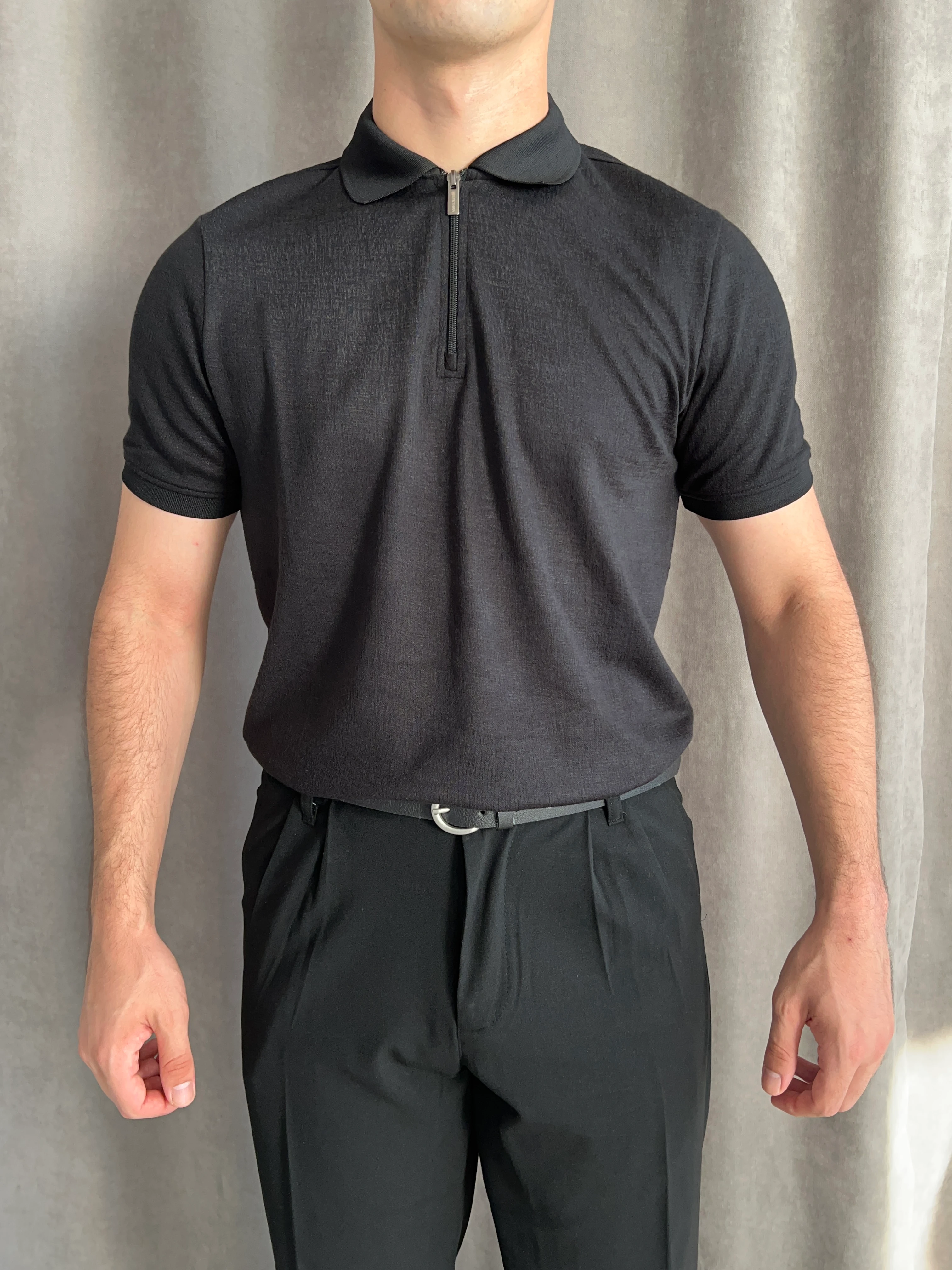 Fermuarlı Polo Yaka Triko - Bej