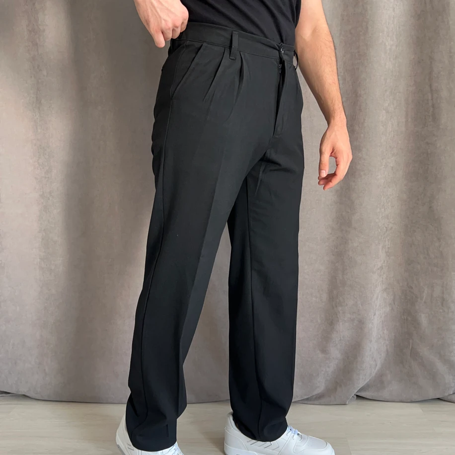 Pile Detaylı Beli Lastikli Baggy Kalıp Kumaş Pantolon - Siyah