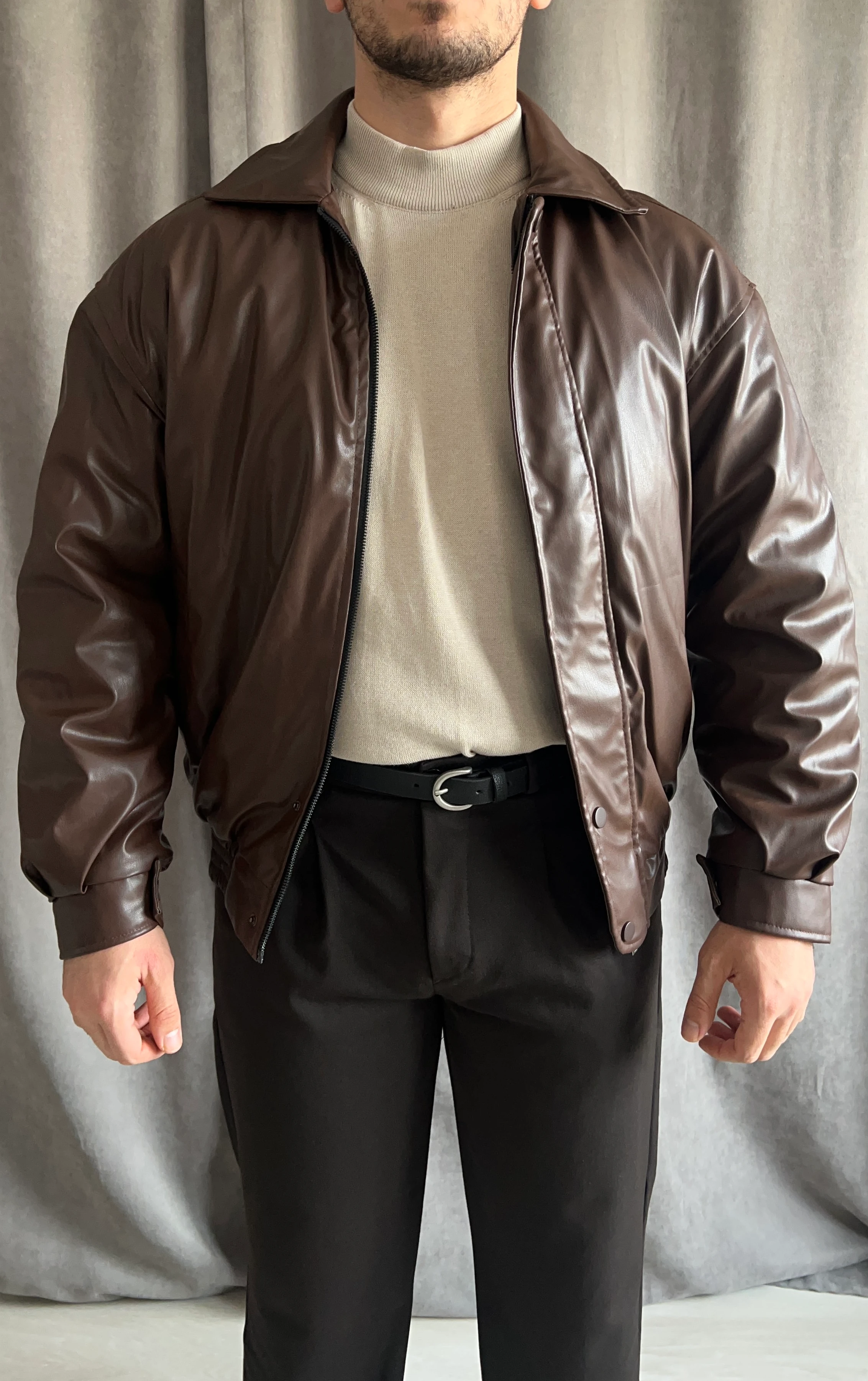 Erkek Oversize Deri Bomber Mont - Kahverengi