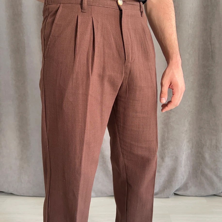 Baggy Kalıp Keten Pantolon - Kahverengi