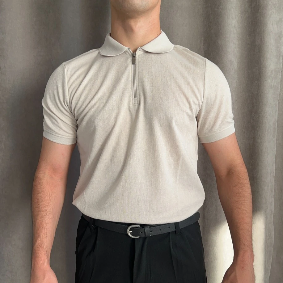 Fermuarlı Triko Polo Yaka Tişört - Bej