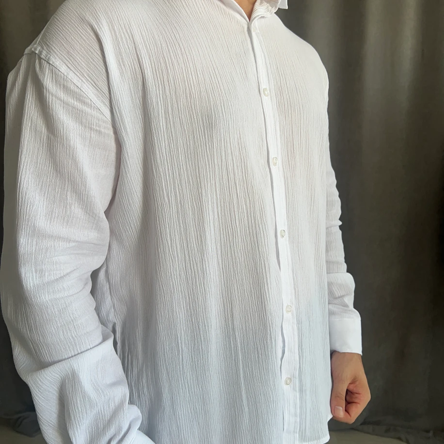 Oversize Kalıp Krinkıl Keten Gömlek- Beyaz