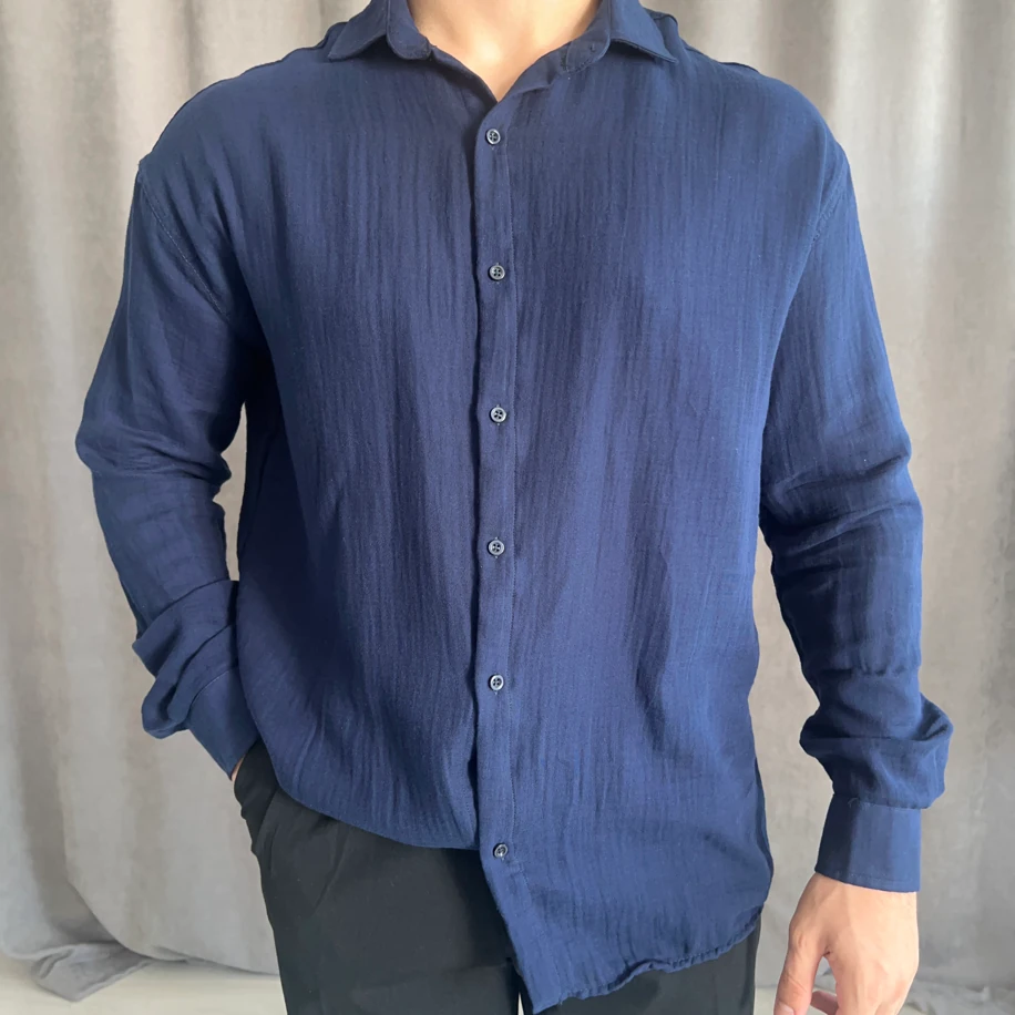 Oversize Kalıp Yıkamalı Keten Gömlek - Lacivert