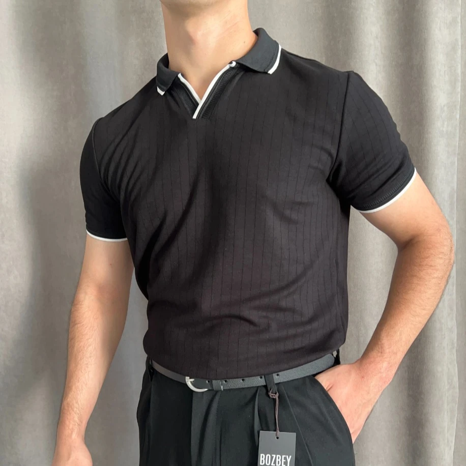 Oysho Kumaş Apaş Yaka Polo Tişört - Siyah