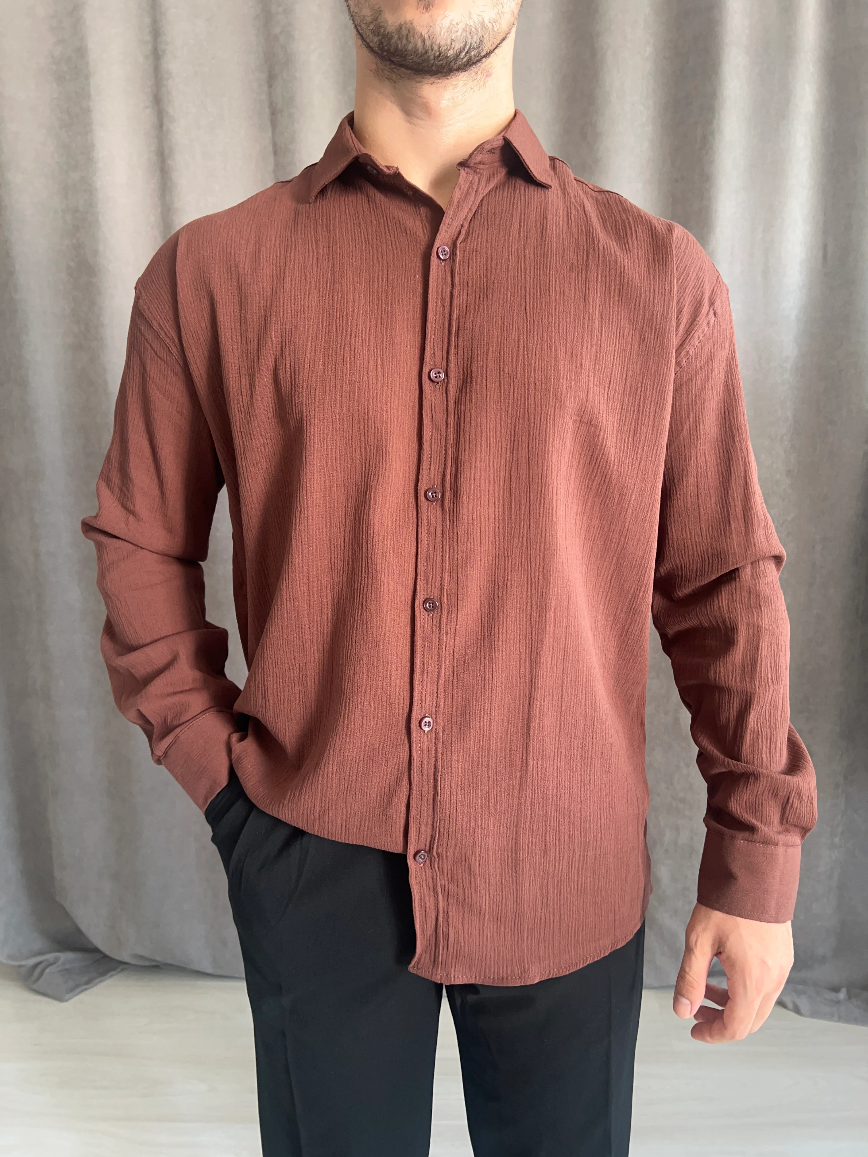 Oversize Krinkıl Keten Gömlek - Kahverengi