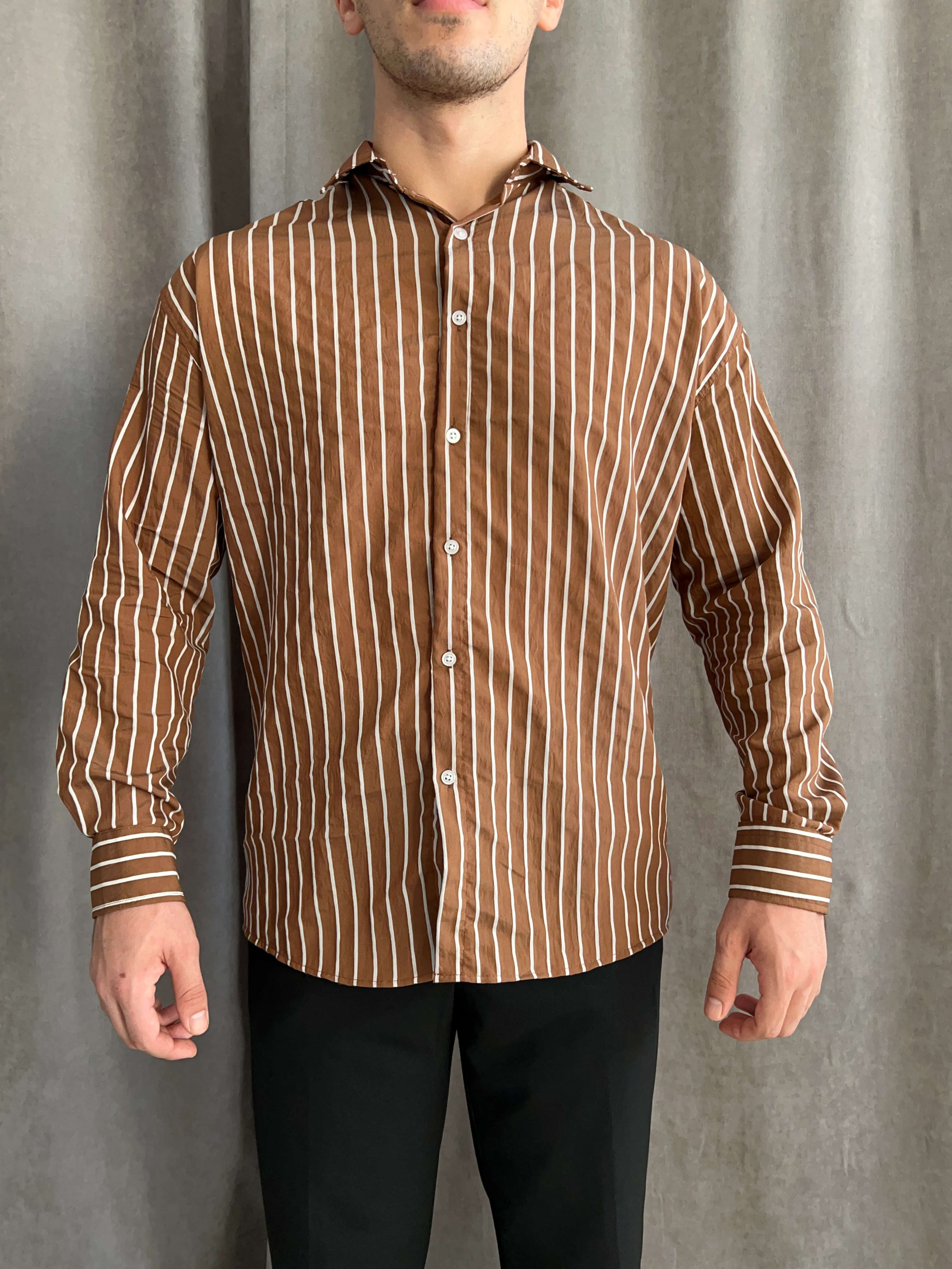 Modal Çizgili Gömlek - Kahverengi