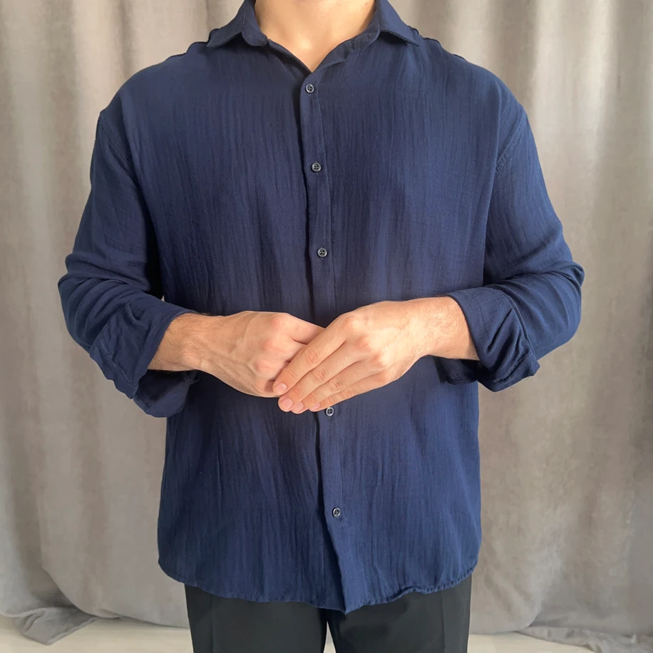 Oversize Kalıp Yıkamalı Keten Gömlek - Lacivert