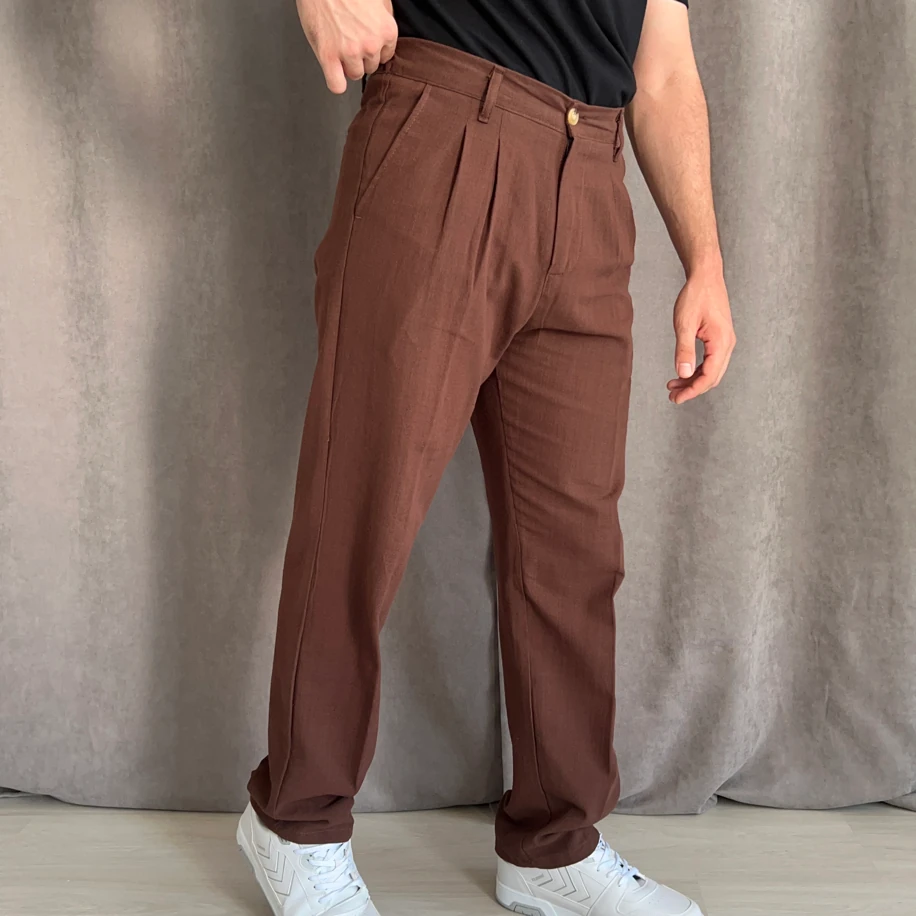 Baggy Kalıp Keten Pantolon - Kahverengi