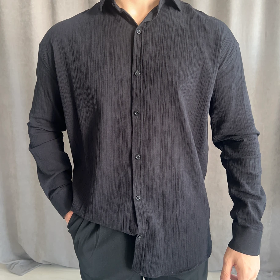 Oversize Kalıp Krinkıl Keten Gömlek-Siyah