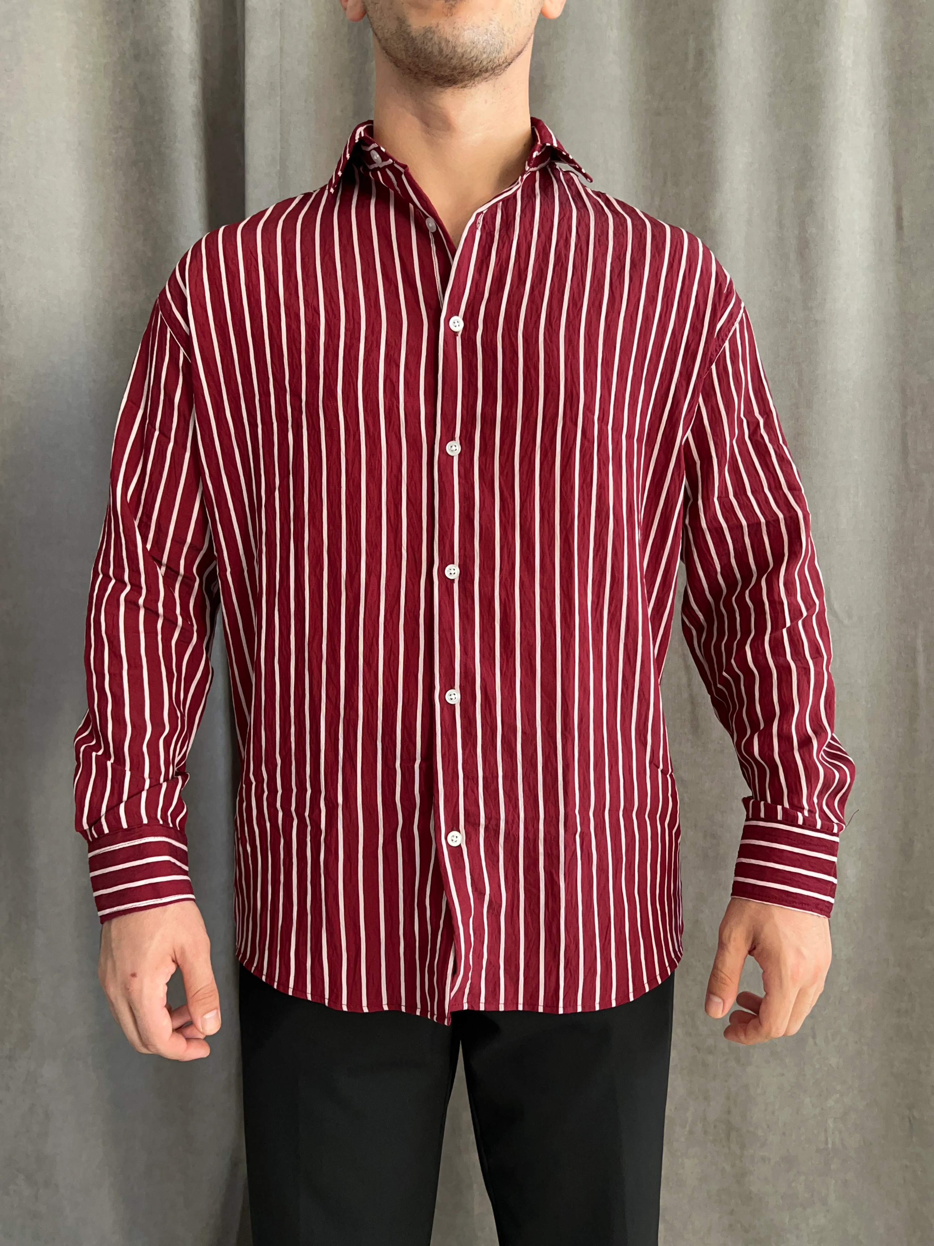 Modal Çizgili Gömlek - Bordo
