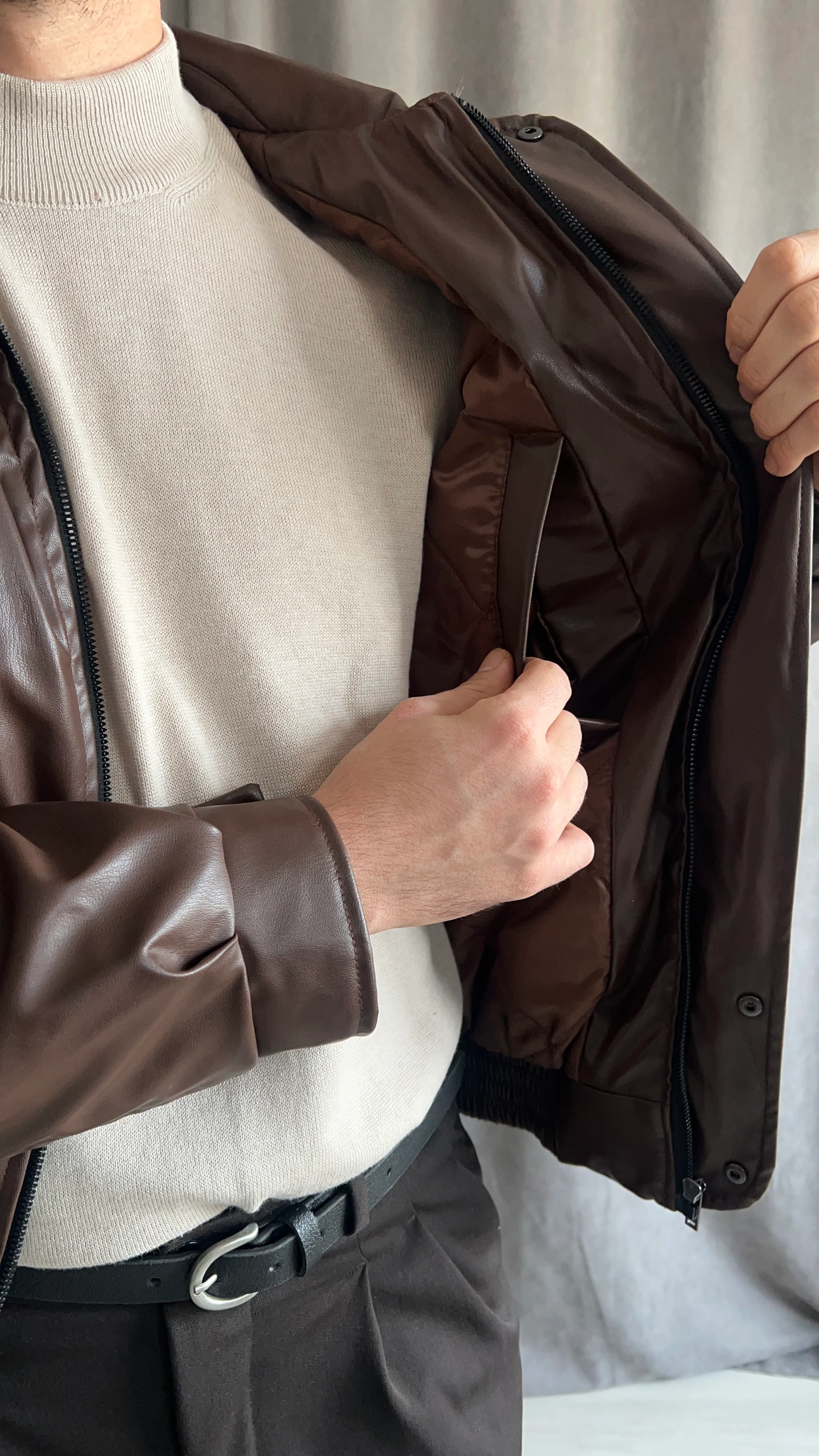 Erkek Oversize Deri Bomber Mont